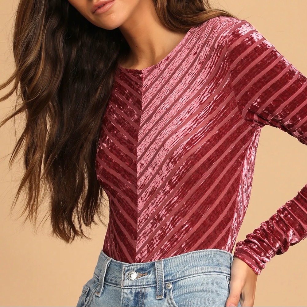 Lulu's Mauve Velvet Striped Long Sleeve Bodysuit